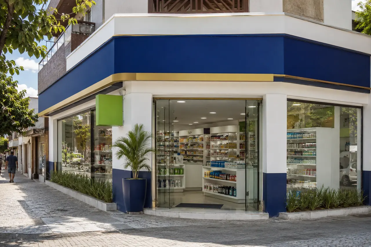 Interior contemporâneo de uma farmácia de bairro, sem marcas visíveis