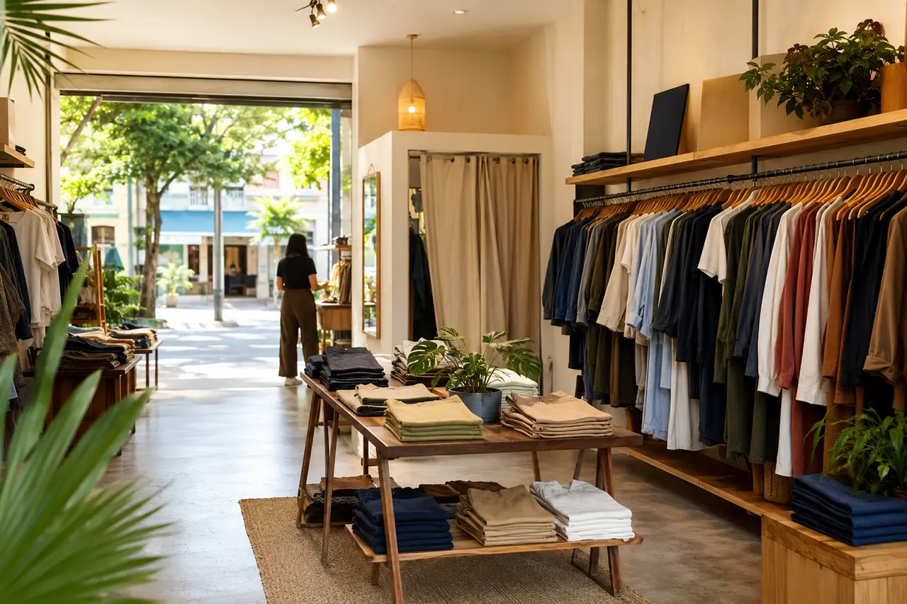 Loja de roupas contemporânea com peças organizadas, sem marcas visíveis